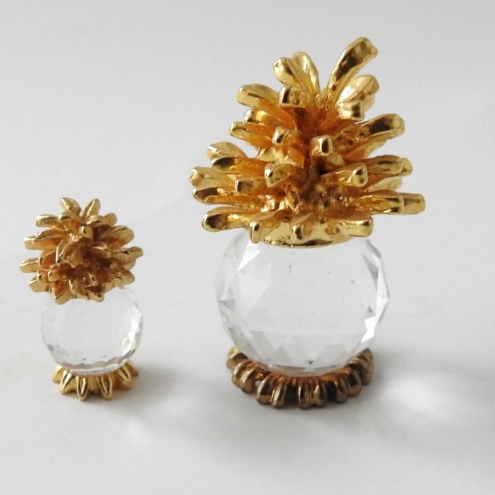 Miniature Pineapple Figurines Crystal 1990s Gold Crown Base